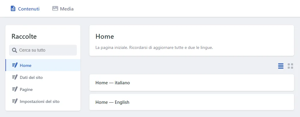 Il pannello appena aperto: a sinistra le voci Home, Dati del sito, Pagine, Impostazioni del sito; a destra Home italiano e Home English.